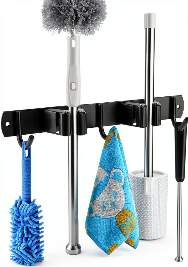 VOZE Mop Broom Holder Wall Mount Stainless Steel Organizer-0