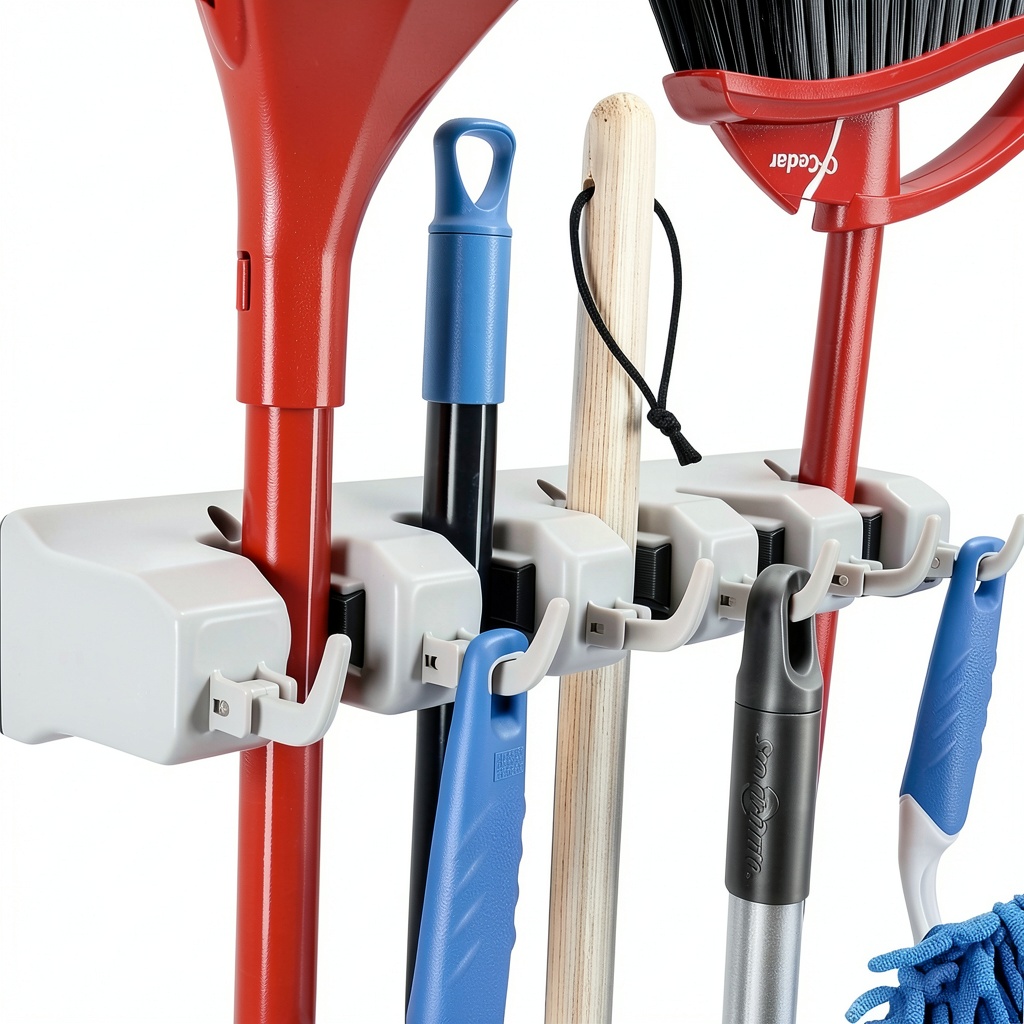 'HOME IT Broom Holder mounted on a garage wall with tools organized'